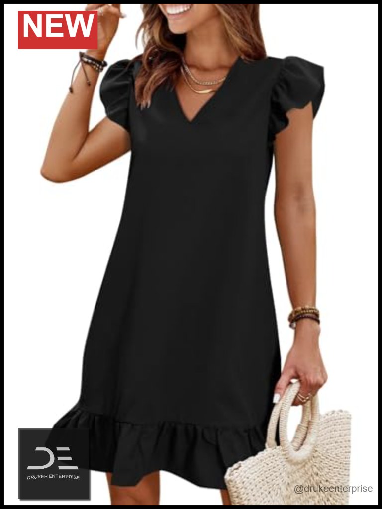 V Neck Cap Sleeve Ruffle Hem Smock Casual Beach Dress Polyester